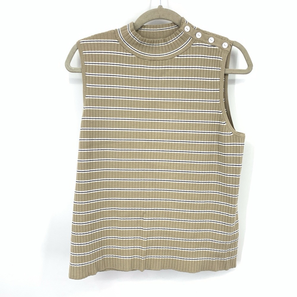 Talbots Women Size XL Sweater Tank Top Shirt Mock Neck Brown Black Stripe Ribbed